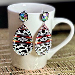 Aztec Southwestern Bling Pendant Earrings Teardrop Cowgirl Cow Print Multicolor